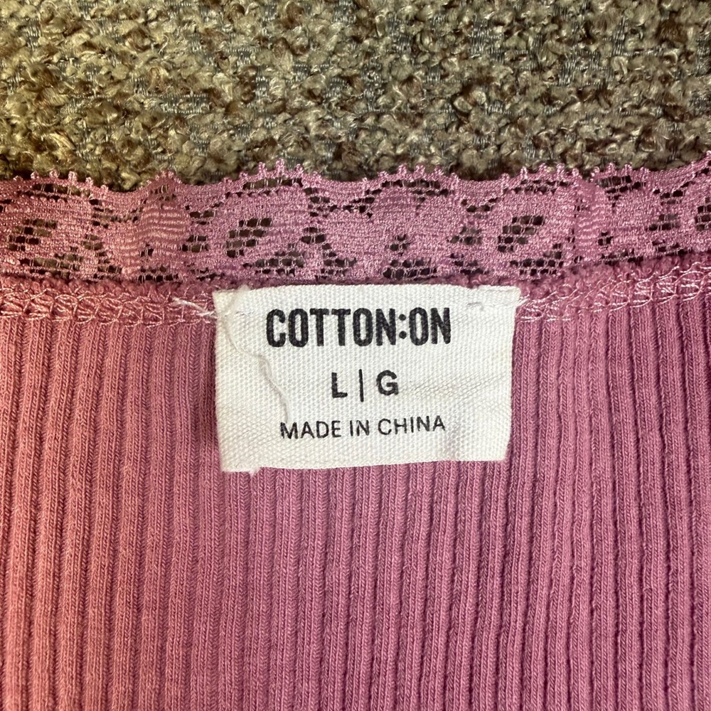 Cotton On Pink Ribbed Lace Trim Scoop Neck Baby Tee Short Sleeve Top Large - Picture 5 of 8